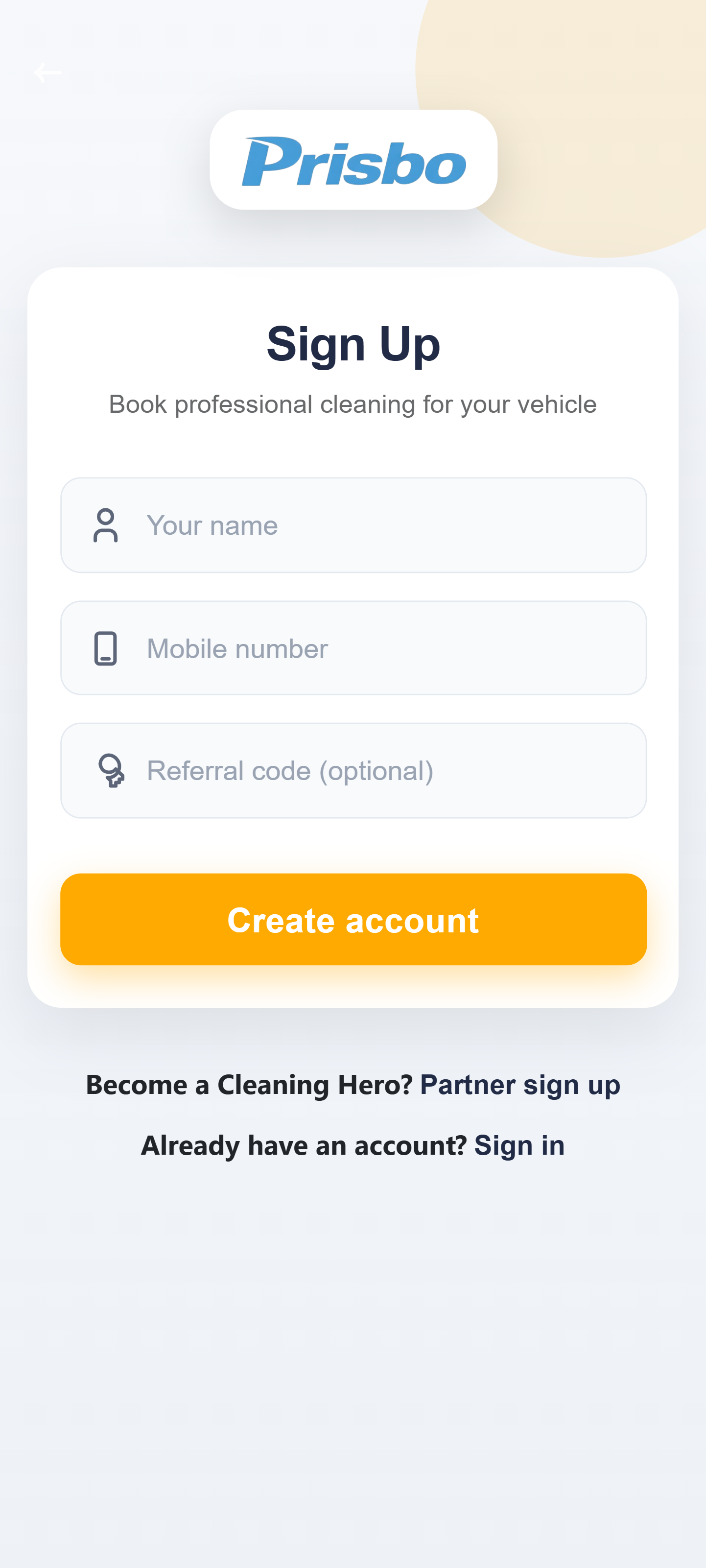 Prisbo app home screen